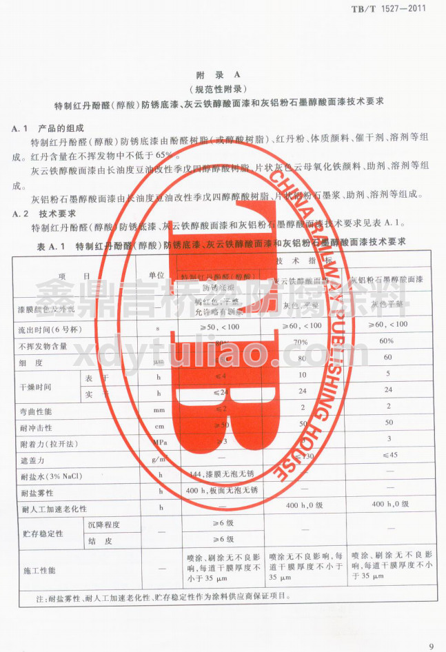TB/T 1527-2011特制紅丹酚醛（醇酸）防銹底漆、灰云鐵醇酸面漆和灰鋁粉石墨醇酸面漆技術(shù)要求